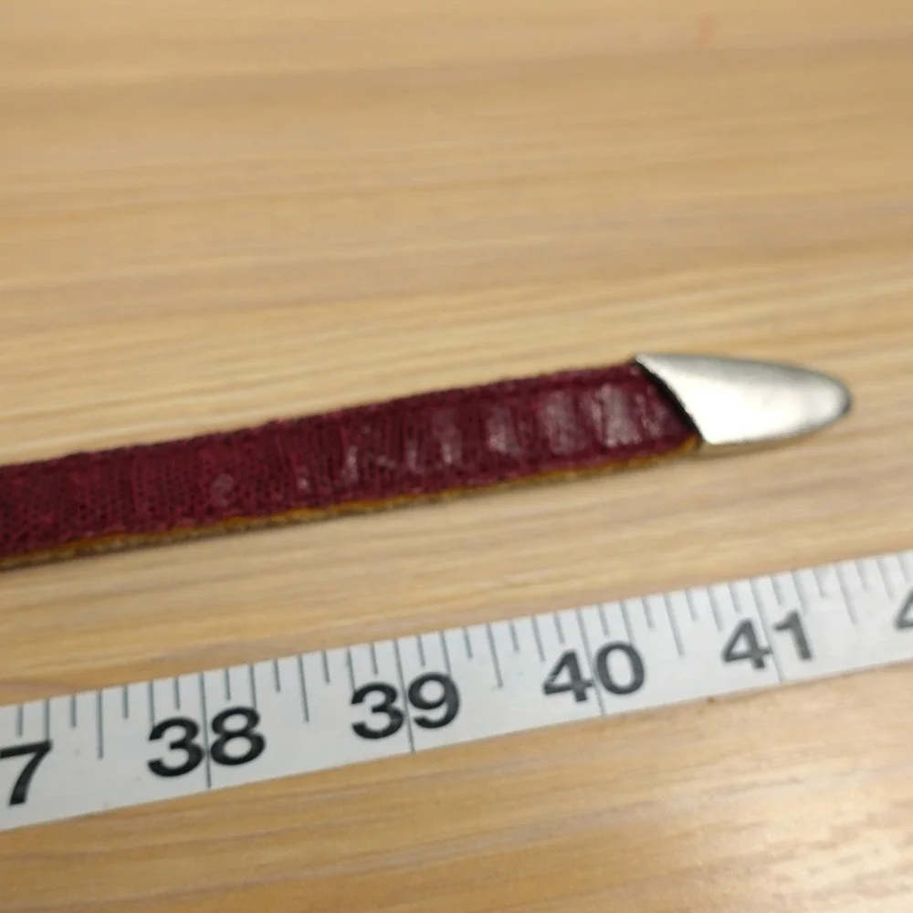 Women’s Burgundy Leather Slim Belt with Geometric Silver Buckle